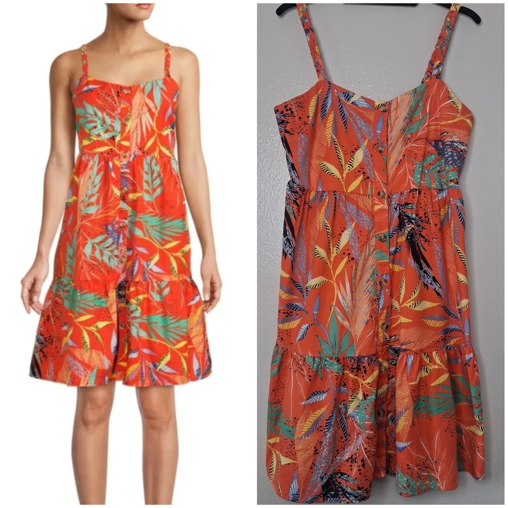 Beach Lunch Lounge Orange Tropical Tiered Dress Braided Strap Button Front M